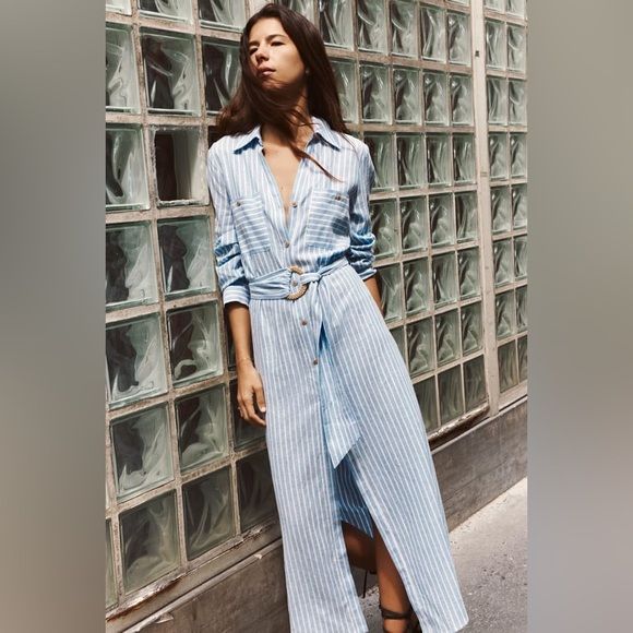 Zara LINEN BLEND MIDI SHIRTDRESS - Picture 1 of 15